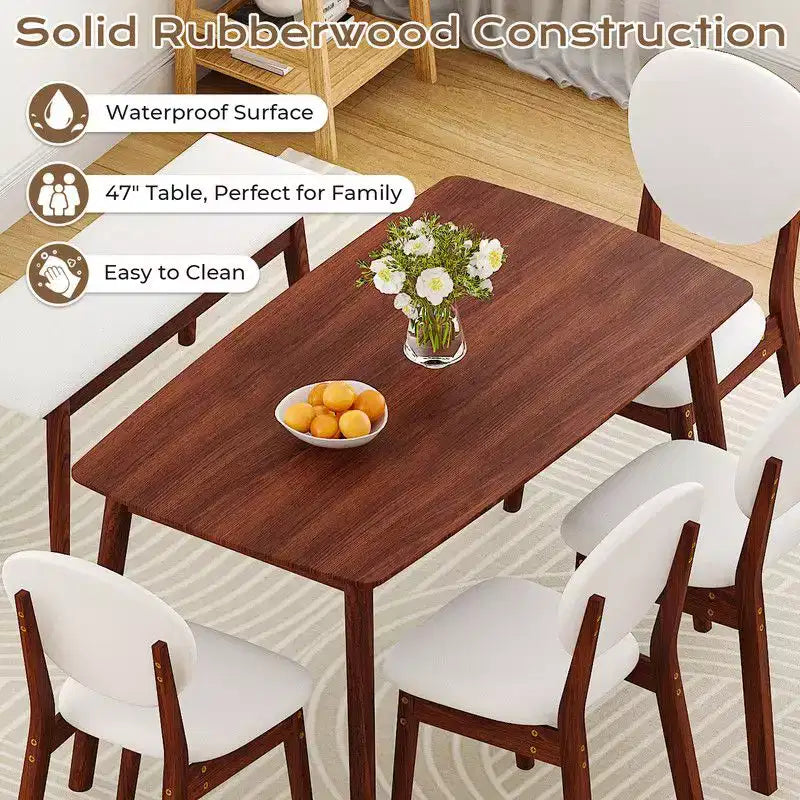 Ensemble de salle à manger Karl Home 47'' pour 6 personnes, table de cuisine en bois massif avec banc et 4 chaises avec dossier rembourré