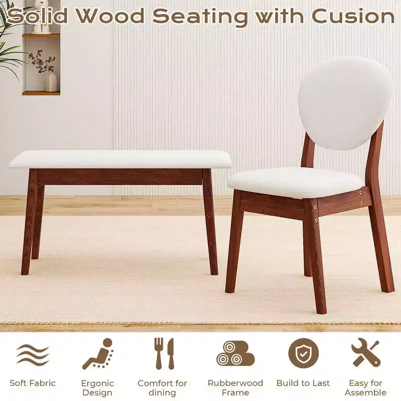 Ensemble de salle à manger Karl Home 47'' pour 6 personnes, table de cuisine en bois massif avec banc et 4 chaises avec dossier rembourré