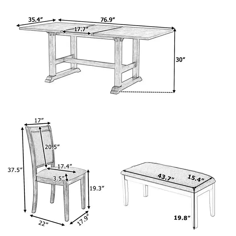 Ensemble de salle à manger rustique extensible 6 pièces Whisen, comprenant une table de salle à manger à tréteaux de 195,3 cm et 4 chaises de salle à manger rembourrées, 1 banc.