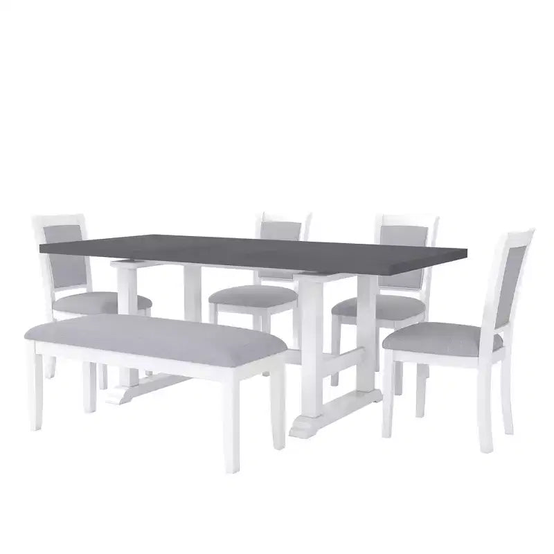 Ensemble de salle à manger rustique extensible 6 pièces Whisen, comprenant une table de salle à manger à tréteaux de 195,3 cm et 4 chaises de salle à manger rembourrées, 1 banc.