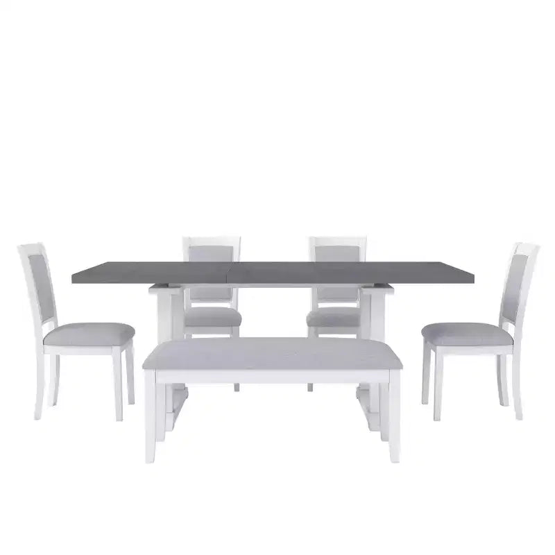 Ensemble de salle à manger rustique extensible 6 pièces Whisen, comprenant une table de salle à manger à tréteaux de 195,3 cm et 4 chaises de salle à manger rembourrées, 1 banc.