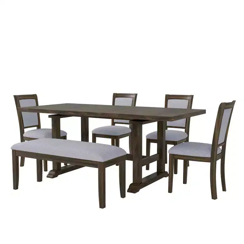 Ensemble de salle à manger rustique extensible 6 pièces Whisen, comprenant une table de salle à manger à tréteaux de 195,3 cm et 4 chaises de salle à manger rembourrées, 1 banc.