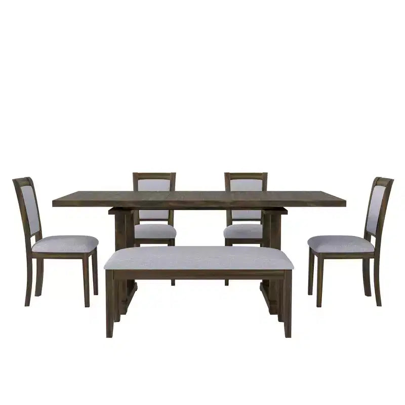 Ensemble de salle à manger rustique extensible 6 pièces Whisen, comprenant une table de salle à manger à tréteaux de 195,3 cm et 4 chaises de salle à manger rembourrées, 1 banc.