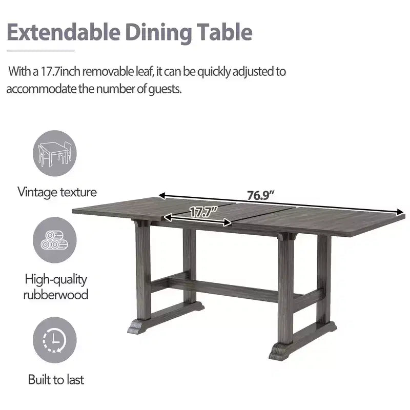 Ensemble de salle à manger rustique extensible 6 pièces Whisen, comprenant une table de salle à manger à tréteaux de 195,3 cm et 4 chaises de salle à manger rembourrées, 1 banc.