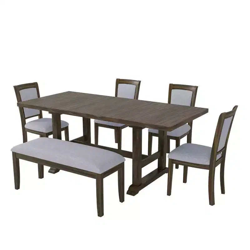 Whisen Updated 6-Piece Rustic Kitchen Extendable Dining Table Set, 76.9 Trestle Dining Table & 4 Upholstered Dining Chairs, 1 Bench