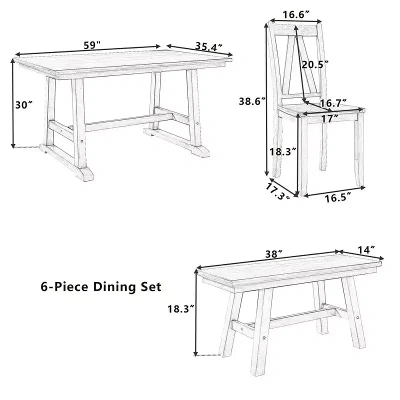 Ensemble de salle à manger Whisen 6 pièces en bois pour 6 personnes, table à manger rectangulaire et 4 chaises d'appoint, long banc