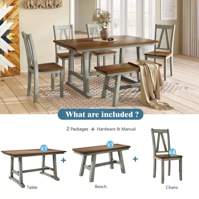 Ensemble de salle à manger Whisen 6 pièces en bois pour 6 personnes, table à manger rectangulaire et 4 chaises d'appoint, long banc