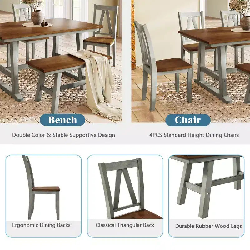 Ensemble de salle à manger Whisen 6 pièces en bois pour 6 personnes, table à manger rectangulaire et 4 chaises d'appoint, long banc