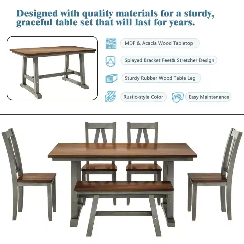 Ensemble de salle à manger Whisen 6 pièces en bois pour 6 personnes, table à manger rectangulaire et 4 chaises d'appoint, long banc