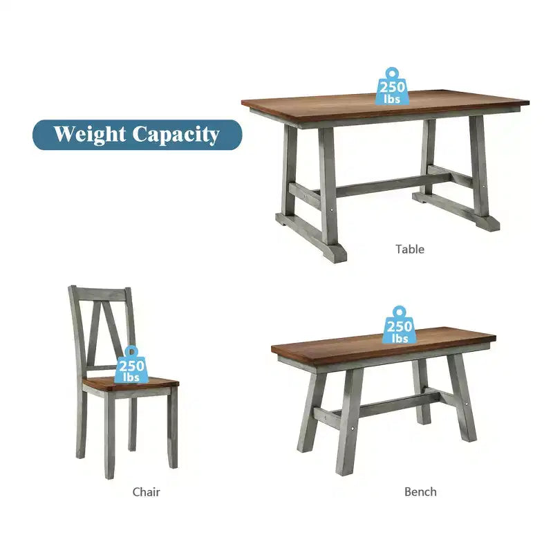 Ensemble de salle à manger Whisen 6 pièces en bois pour 6 personnes, table à manger rectangulaire et 4 chaises d'appoint, long banc