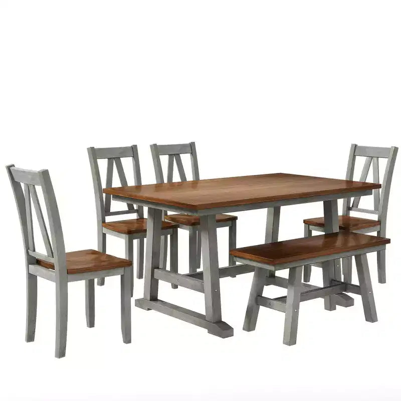 Ensemble de salle à manger Whisen 6 pièces en bois pour 6 personnes, table à manger rectangulaire et 4 chaises d'appoint, long banc