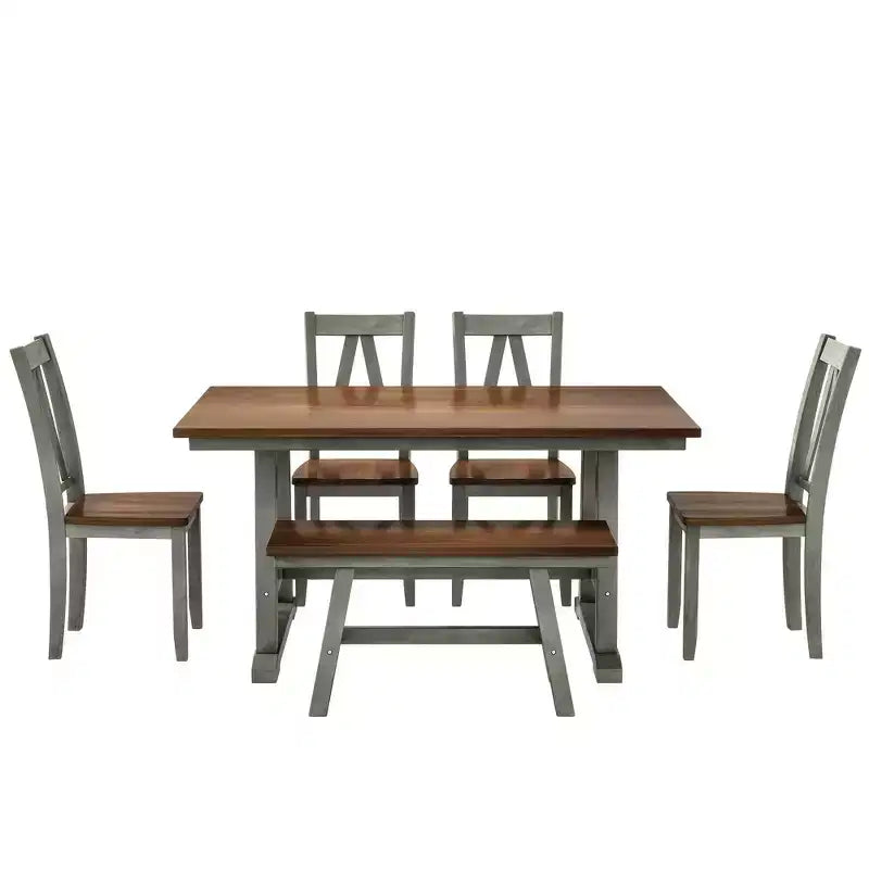 Ensemble de salle à manger Whisen 6 pièces en bois pour 6 personnes, table à manger rectangulaire et 4 chaises d'appoint, long banc