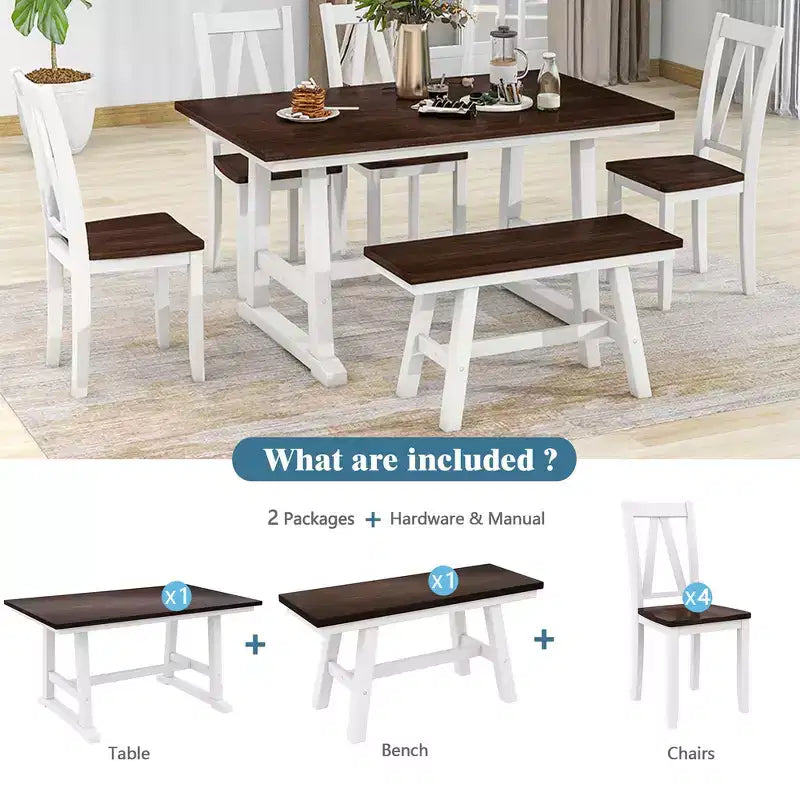 Ensemble de salle à manger Whisen 6 pièces en bois pour 6 personnes, table à manger rectangulaire et 4 chaises d'appoint, long banc