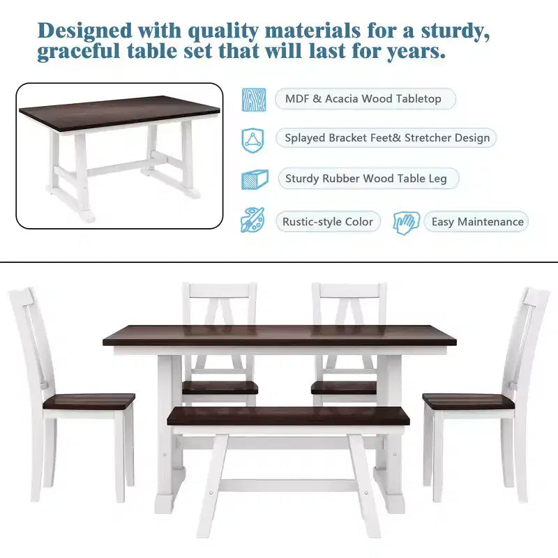 Ensemble de salle à manger Whisen 6 pièces en bois pour 6 personnes, table à manger rectangulaire et 4 chaises d'appoint, long banc