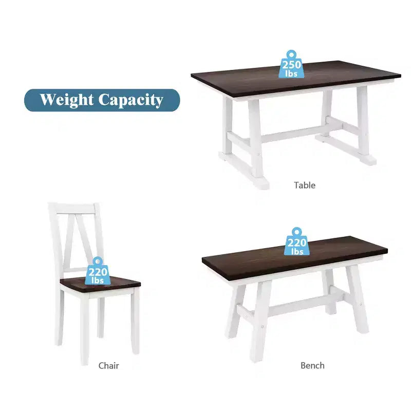 Ensemble de salle à manger Whisen 6 pièces en bois pour 6 personnes, table à manger rectangulaire et 4 chaises d'appoint, long banc