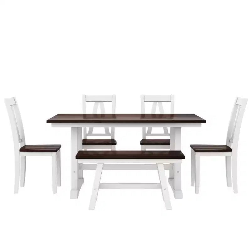 Ensemble de salle à manger Whisen 6 pièces en bois pour 6 personnes, table à manger rectangulaire et 4 chaises d'appoint, long banc