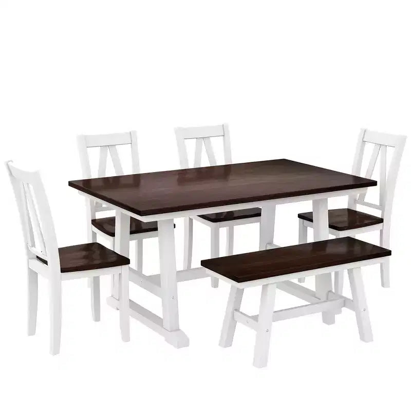 Ensemble de salle à manger Whisen 6 pièces en bois pour 6 personnes, table à manger rectangulaire et 4 chaises d'appoint, long banc
