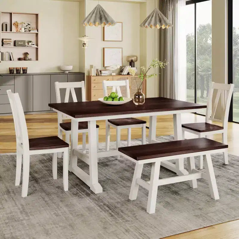 Whisen 6-Piece Wood Kitchen Dining Table Set for 6-Person, Rectangle Kitchen Dining Table & 4 Side Chairs, Long Bench