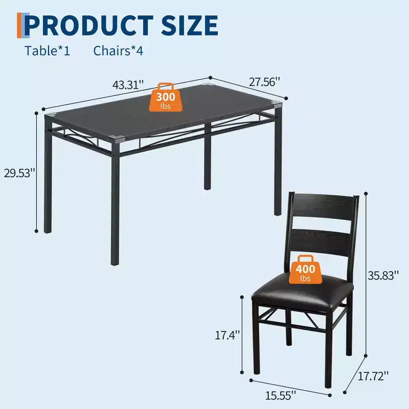 Ensemble table à manger et chaises en MDF noir et métal, compact pour petits espaces, choisissez 4 pièces (1 table + 4 chaises) ou 2 pièces (1 table + 2 chaises)