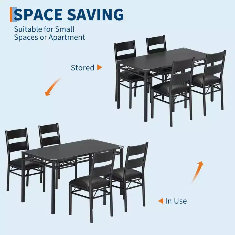 Ensemble table à manger et chaises en MDF noir et métal, compact pour petits espaces, choisissez 4 pièces (1 table + 4 chaises) ou 2 pièces (1 table + 2 chaises)
