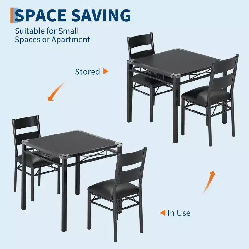 Ensemble table à manger et chaises en MDF noir et métal, compact pour petits espaces, choisissez 4 pièces (1 table + 4 chaises) ou 2 pièces (1 table + 2 chaises)