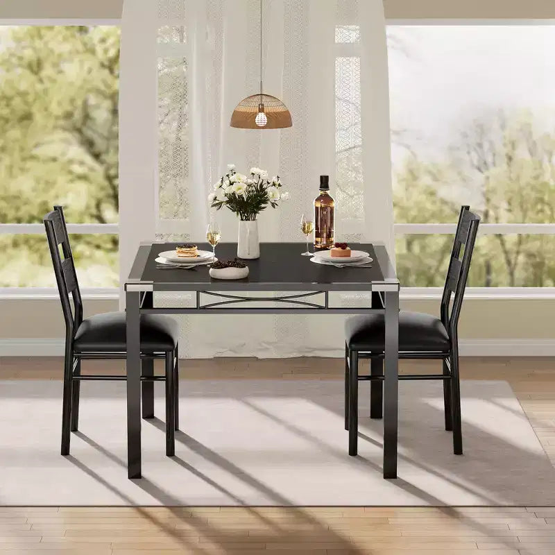Ensemble table à manger et chaises en MDF noir et métal, compact pour petits espaces, choisissez 4 pièces (1 table + 4 chaises) ou 2 pièces (1 table + 2 chaises)