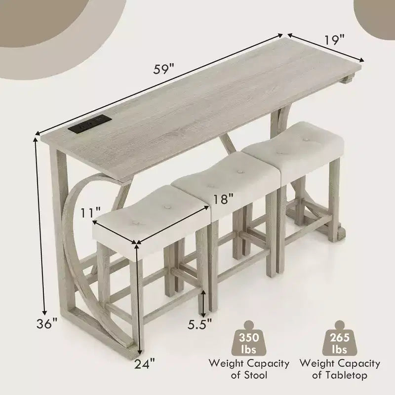 Ensemble table et tabourets de bar 4 pièces Costway avec prise de courant, table de bistrot hauteur comptoir