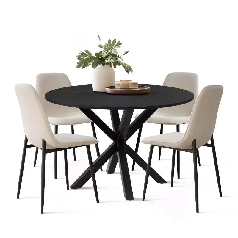 Ensemble de salle à manger rond 5 pièces avec 4 chaises rembourrées, table de cuisine à pied central noire pour petits espaces - Panipeachy