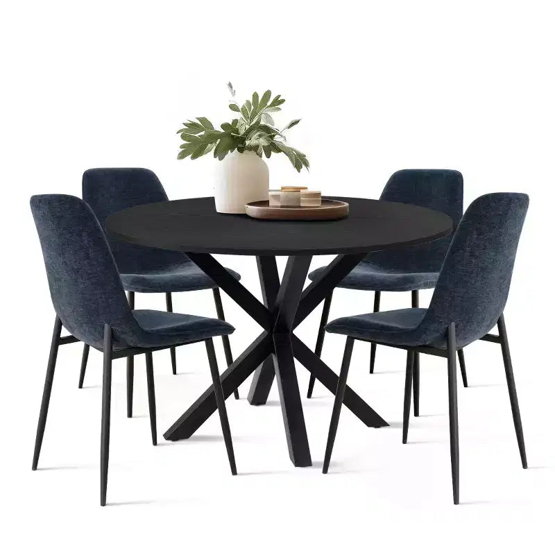 Ensemble de salle à manger rond 5 pièces avec 4 chaises rembourrées, table de cuisine à pied central noire pour petits espaces - Panipeachy