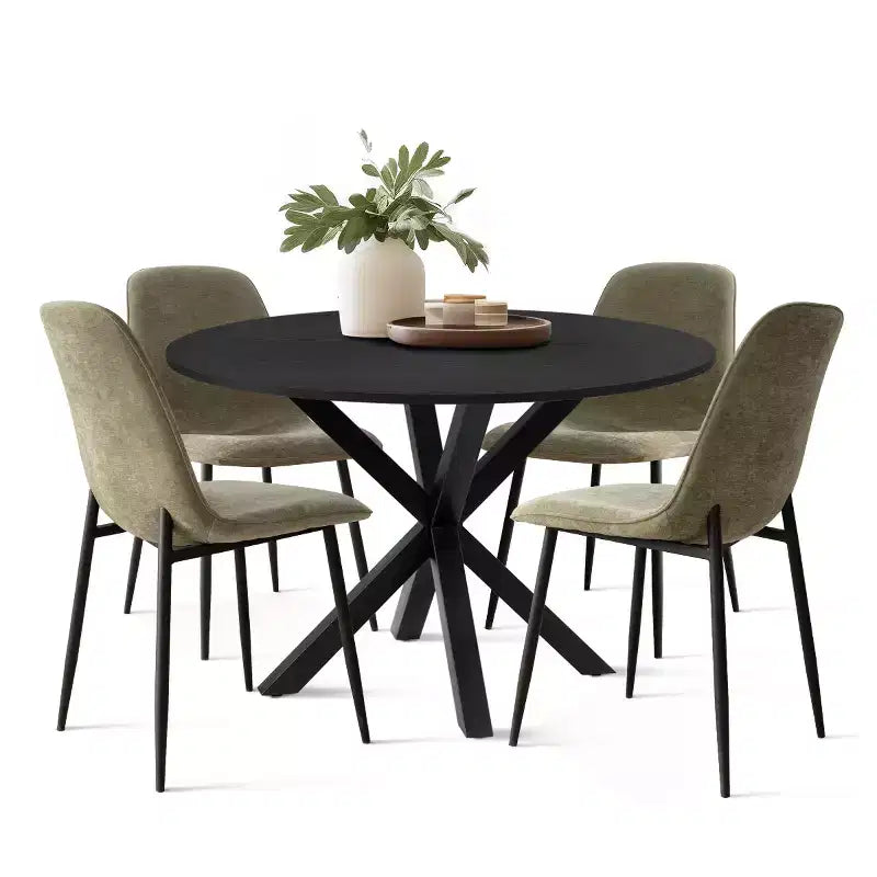 Ensemble de salle à manger rond 5 pièces avec 4 chaises rembourrées, table de cuisine à pied central noire pour petits espaces - Panipeachy