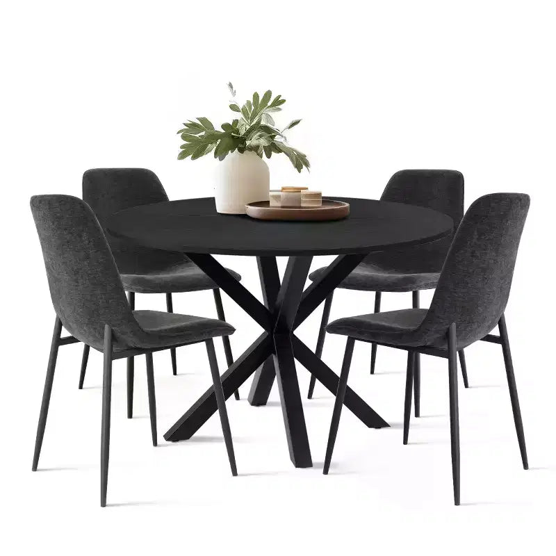 Ensemble de salle à manger rond 5 pièces avec 4 chaises rembourrées, table de cuisine à pied central noire pour petits espaces - Panipeachy