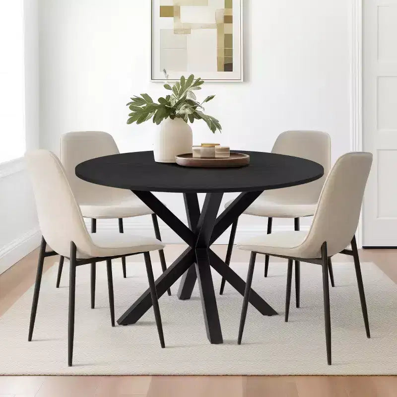 Ensemble de salle à manger rond 5 pièces avec 4 chaises rembourrées, table de cuisine à pied central noire pour petits espaces - Panipeachy