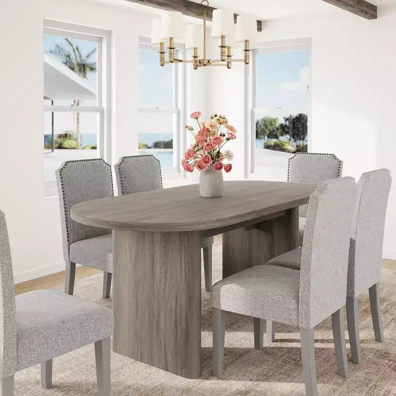Oval Dining Table Set with Upholstered Dining Chairs, Kitchen Table with Sturdy Wood Base, High Back Solid Wood Dining Chair for Kitchen