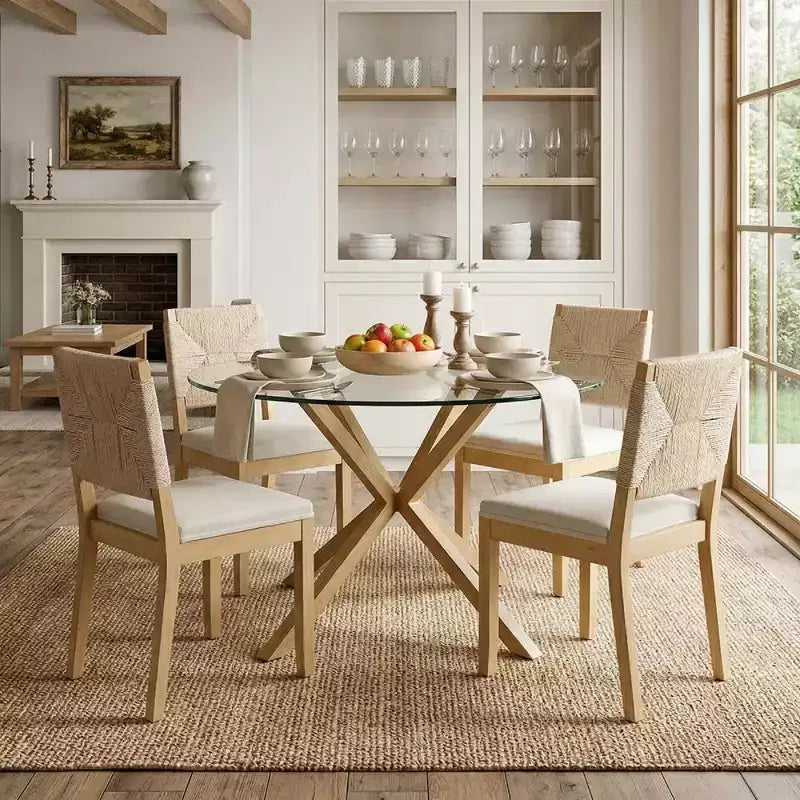 Ensemble table à manger ronde en verre moderne pour 4, ensemble de salle à manger de cuisine avec chaises rembourrées à dossier tissé, meubles de cuisine et de salle à manger - Panipeachy