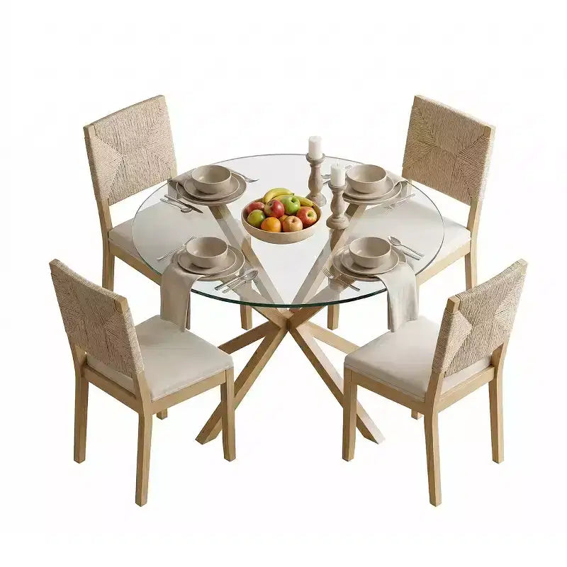 Ensemble table à manger ronde en verre moderne pour 4, ensemble de salle à manger de cuisine avec chaises rembourrées à dossier tissé, meubles de cuisine et de salle à manger - Panipeachy