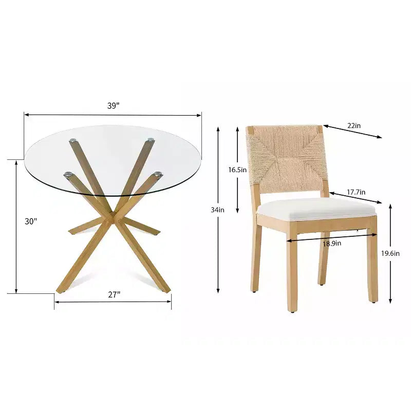 Ensemble table à manger ronde en verre moderne pour 4, ensemble de salle à manger de cuisine avec chaises rembourrées à dossier tissé, meubles de cuisine et de salle à manger - Panipeachy