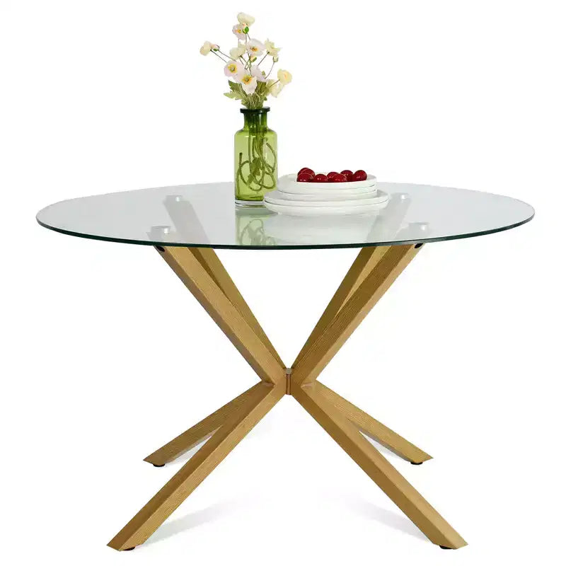 Ensemble table à manger ronde en verre moderne pour 4, ensemble de salle à manger de cuisine avec chaises rembourrées à dossier tissé, meubles de cuisine et de salle à manger - Panipeachy