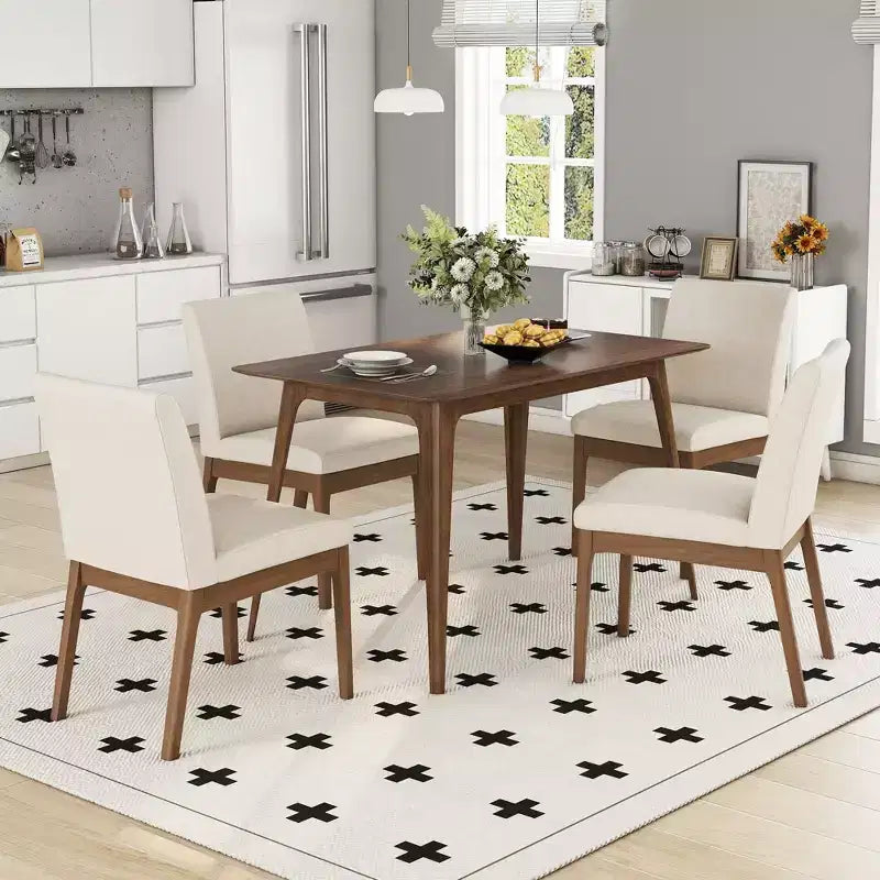 Ensemble de salle à manger moderne en bois pour 4 personnes, ensemble de 5 pièces avec table rectangulaire et 4 chaises rembourrées pour salle à manger et cuisine, beige clair, noyer