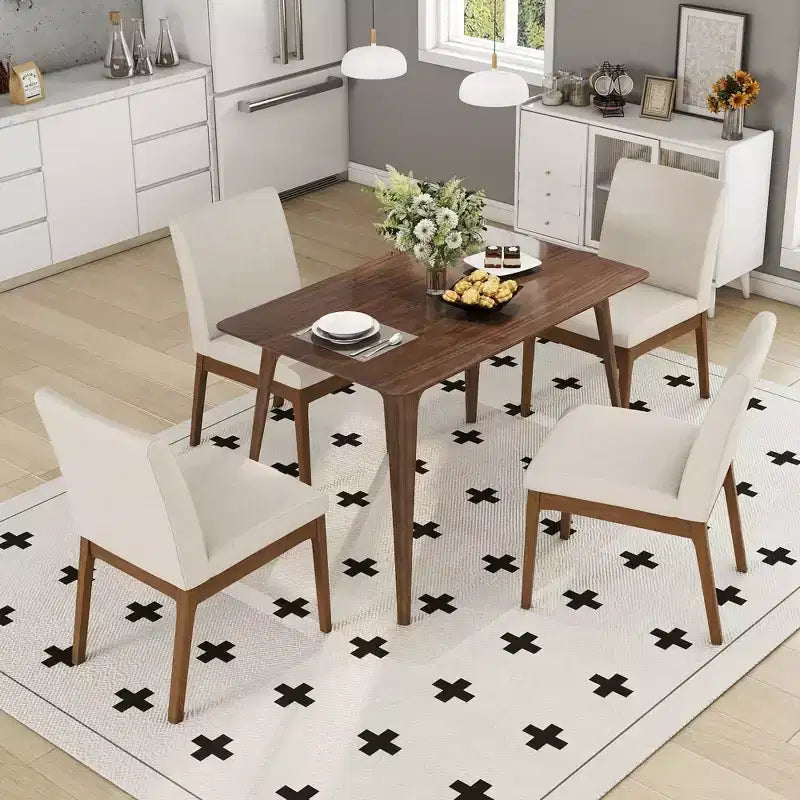 Ensemble de salle à manger moderne en bois pour 4 personnes, ensemble de 5 pièces avec table rectangulaire et 4 chaises rembourrées pour salle à manger et cuisine, beige clair, noyer