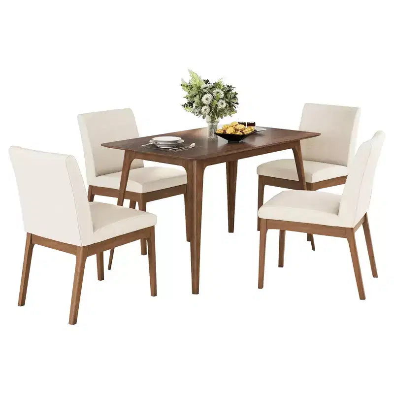 Ensemble de salle à manger moderne en bois pour 4 personnes, ensemble de 5 pièces avec table rectangulaire et 4 chaises rembourrées pour salle à manger et cuisine, beige clair, noyer