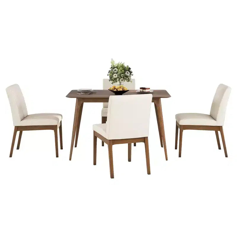 Ensemble de salle à manger moderne en bois pour 4 personnes, ensemble de 5 pièces avec table rectangulaire et 4 chaises rembourrées pour salle à manger et cuisine, beige clair, noyer