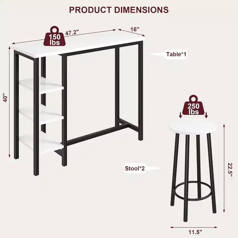 Ensemble de table de cuisine 3 pièces, 1 table de salle à manger et 2 tabourets, table à manger hauteur comptoir avec 3 étagères de rangement pour petit espace, appartement, cuisine
