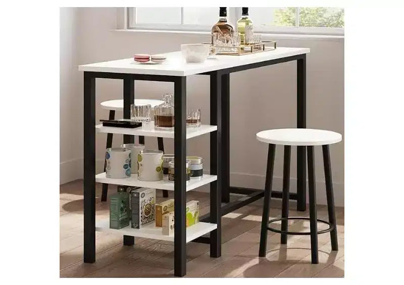 Ensemble de table de cuisine 3 pièces, 1 table de salle à manger et 2 tabourets, table à manger hauteur comptoir avec 3 étagères de rangement pour petit espace, appartement, cuisine