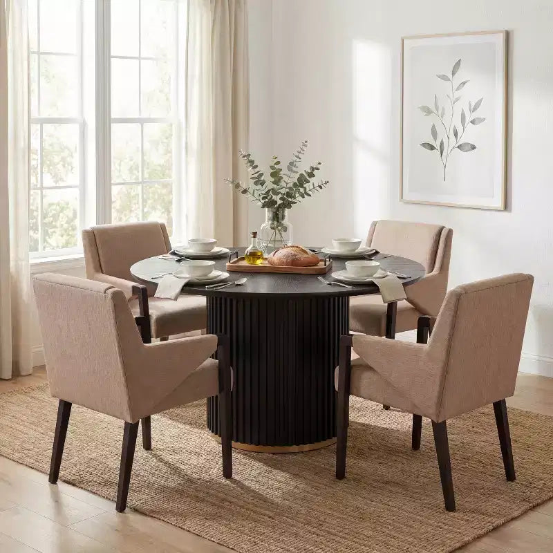 Christopher Knight Home Arvind Ensemble de salle à manger moderne 5 pièces en bois d'hévéa avec table ronde et tissu de lin
