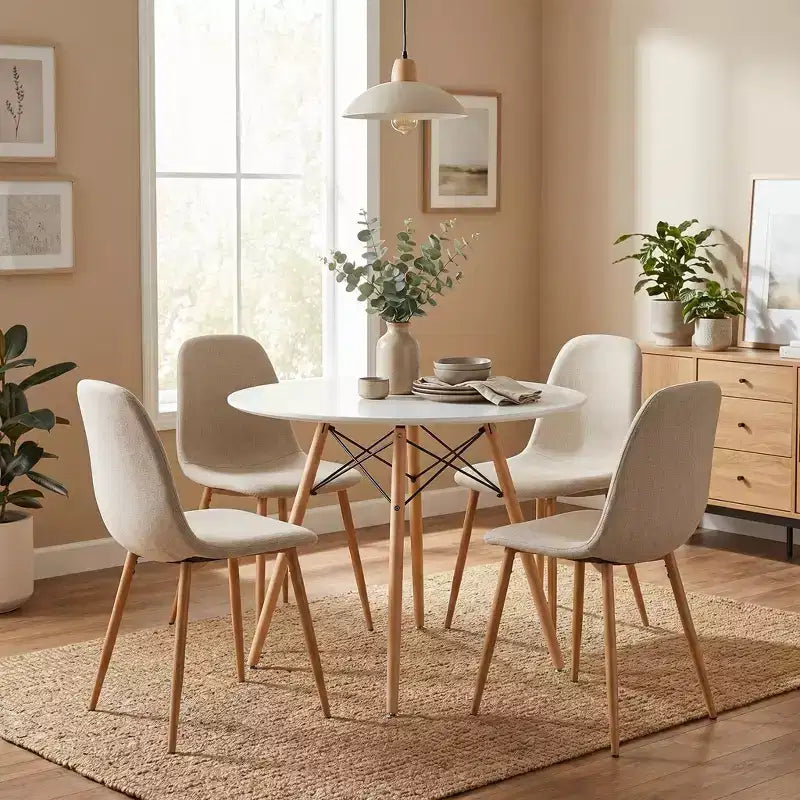 Ensemble de salle à manger rond FurnitureR pour 4 personnes, table de cuisine de 80 cm avec 4 chaises rembourrées, ensemble de salle à manger avec pieds en bois pour petit espace, appartement, coin petit-déjeuner