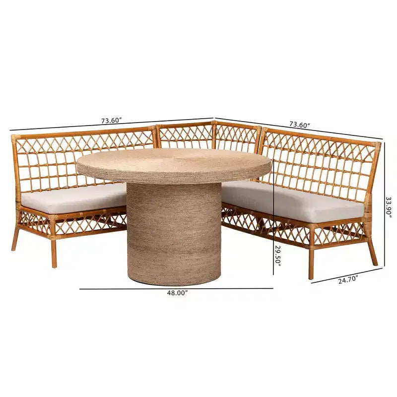 bali & pari Ensemble de salle à manger d'angle Adalina en rotin 4 pièces : Coussins moelleux, Table ronde, Aucun assemblage requis