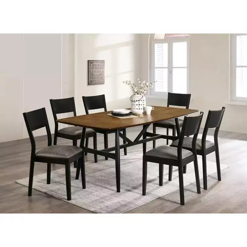 Ensemble table de salle à manger 7 pièces Bernst style moderne du milieu du siècle Chêne ancien/Noir/Gris - miBasics : Bois d'hévéa, Chaises rembourrées, Piétement tréteau