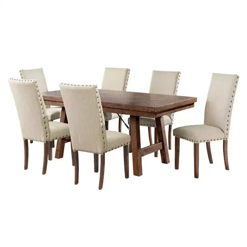 Ensemble de salle à manger extensible 7 pièces Dex et 6 chaises latérales rembourrées Noyer/Crème - Picket House Furnishings : Finition fumée, Pieds évasés