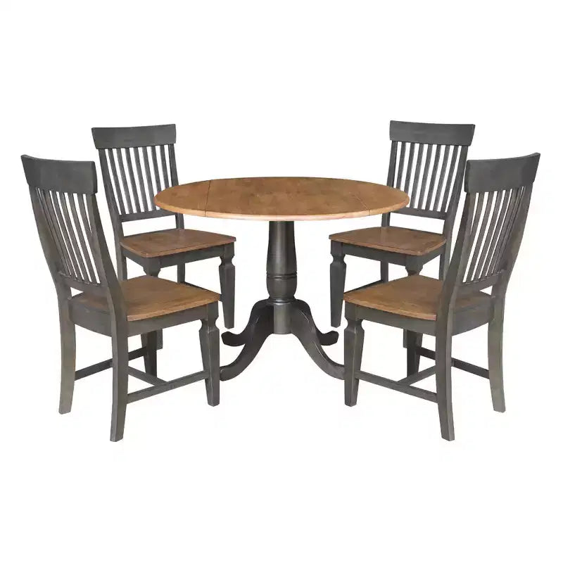 5pc 42" Round Dual Drop Leaf Dining Table with 4 Slat Back Chairs Hickory/Washed Coal - International Concepts: Rubberwood, Pedestal Base