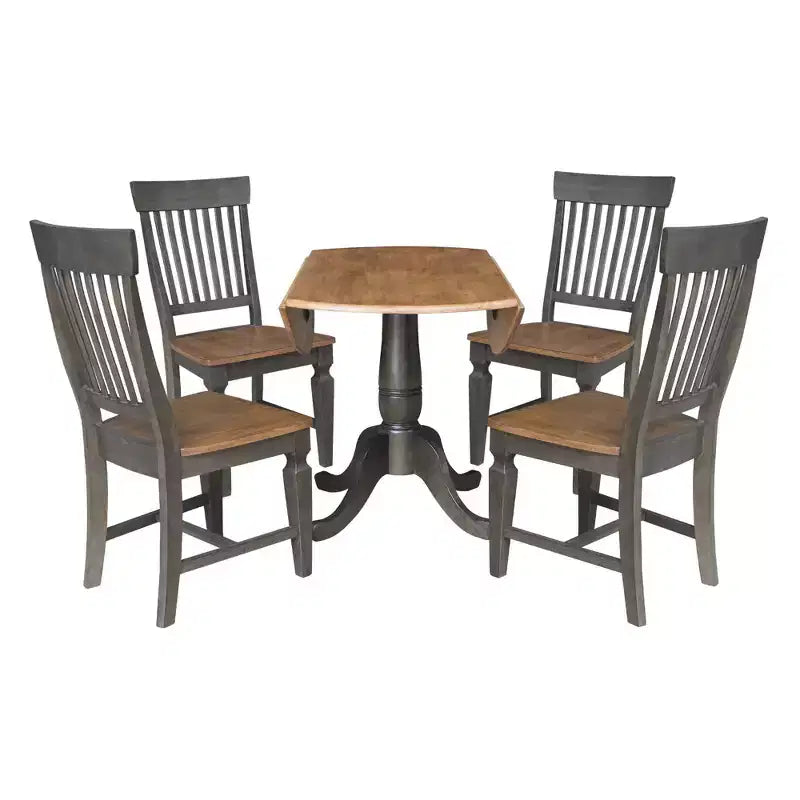 Table à manger ronde à rallonges doubles de 107 cm avec 4 chaises à dossier ajouré Noyer cendré/Charbon délavé - International Concepts : Bois d'hévéa, Piètement central